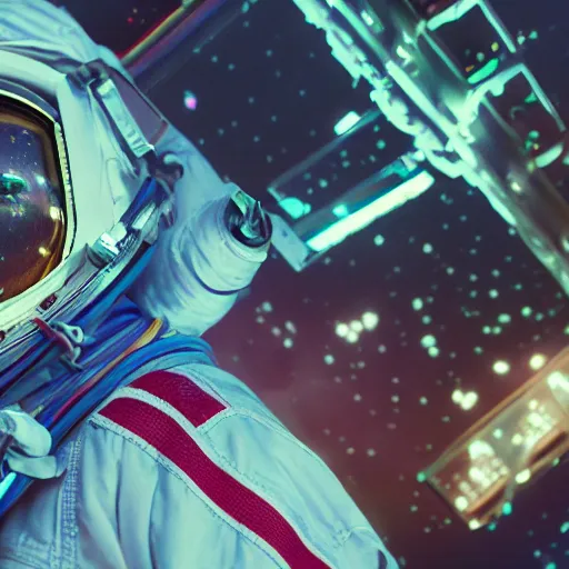 Image similar to rainbow vapor wave astronaut movie still, cinematic, photorealistic, extreme detail, sharp focus, 8 k, intricate, hyper detailed, realistic, cinematic lighting