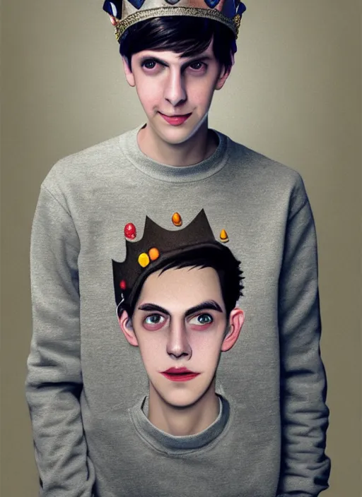 Image similar to portrait of teenage jughead jones wearing a light grey crown, photorealistic, crown, sweater with letter s on it, hamburger, eyes closed, crown, black hair, intricate, elegant, glowing lights, highly detailed, digital painting, artstation, concept art, smooth, sharp focus, illustration, art by wlop, mars ravelo and greg rutkowski