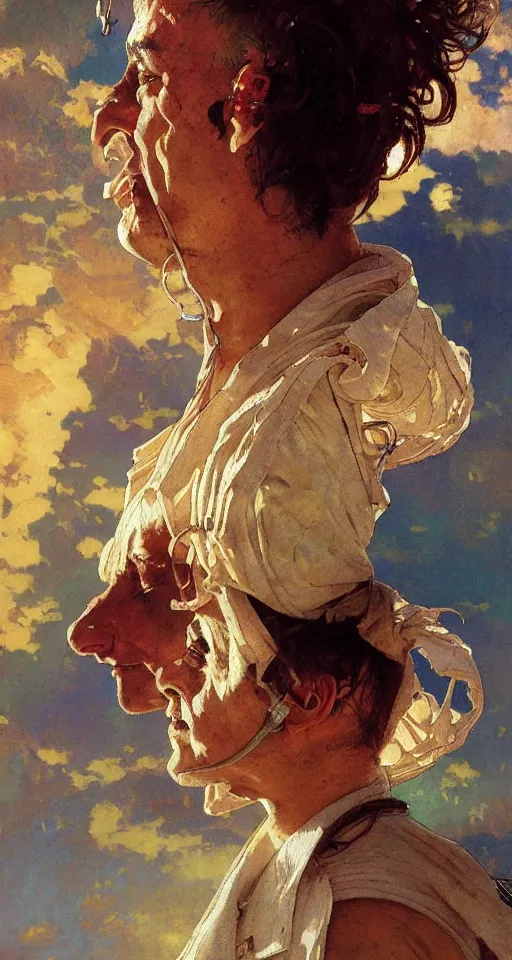 Image similar to close up of a doctor taking off their mask, sun shining, photorealistic illustration by greg rutkowski, thomas kindkade, alphonse mucha, loish, norman rockwell.