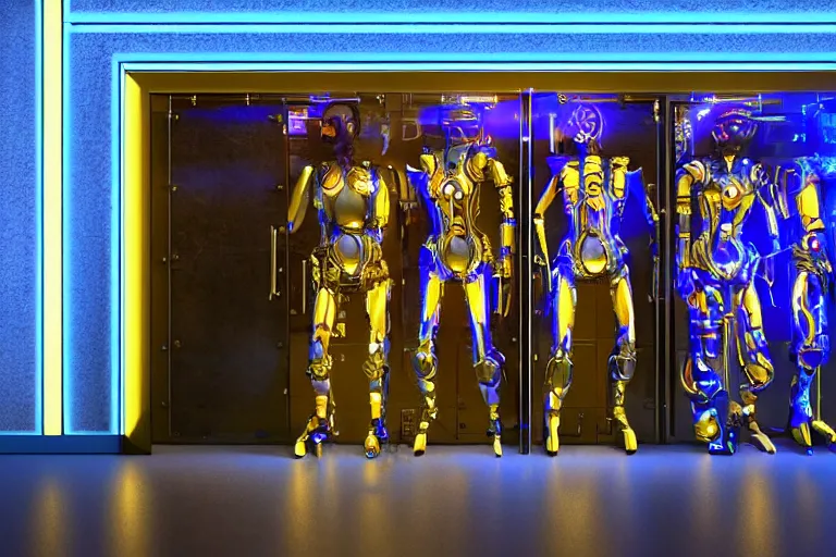 Image similar to entrance door to a futuristic nightclub, in front of the door are 7 golden and blue metal humanoid steampunk robots wearing and gears and tubes, eyes are glowing red lightbulbs, shiny crisp finish, 3 d render, 8 k, insaneley detailed, fluorescent colors, background is back yrad of a nightclub, nightlight