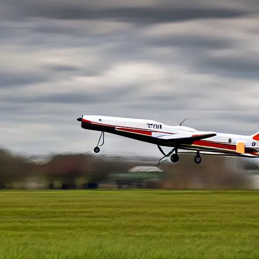 Prompt: a small rc airplane landing at heathrow airport