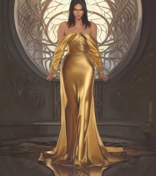 Image similar to kendall jenner wearing a golden dress, grey hair, red necktie, cinematic, stunning, highly detailed, digital painting, artstation, smooth, hard focus, full body shot, illustration, art by artgerm and greg rutkowski and alphonse mucha