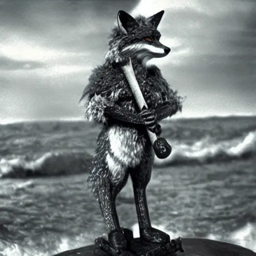 Prompt: anthropomorphic fox who is a medieval knight standing steadfast towards a stormy ocean, 1930s film still