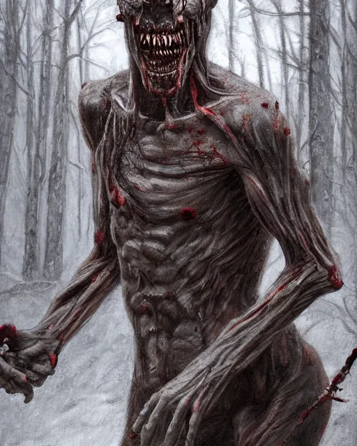 Image similar to Horrifying detailed painting of a pale, emaciated humanoid creature. It has sharp teeth and claws with pale milky eyes; snow, woods, blood; dark cinematic lighting, hyper detailed, moody; painted by Greg Rukowtski, trending on Artstation