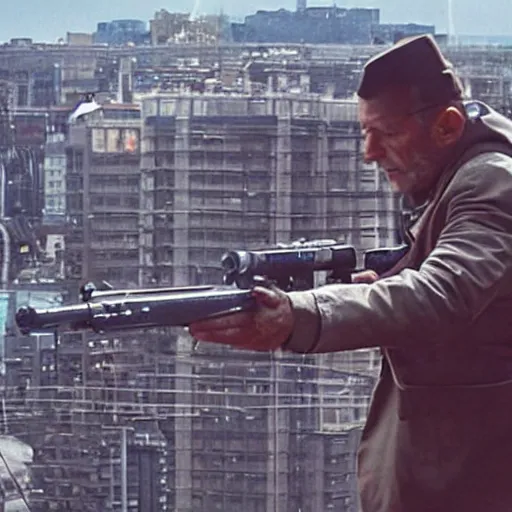 Image similar to film still of mike ehrmantraut aiming with a sniper rifle on a rooftop, 4 k, highly detailed