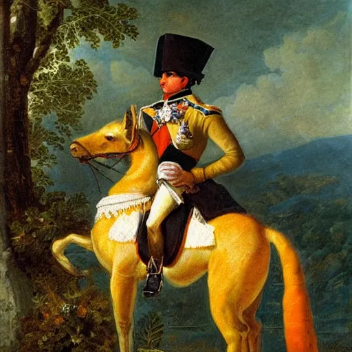 Image similar to a giant squirrel carrying napoleon bonaparte on its back, beach scene with flowers and foliage, detailed oil painting