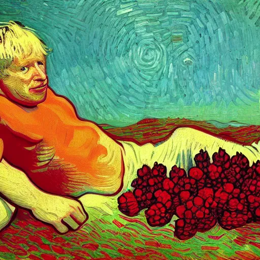 Prompt: Boris Johnson lying in raspberries by Vincent van Gogh