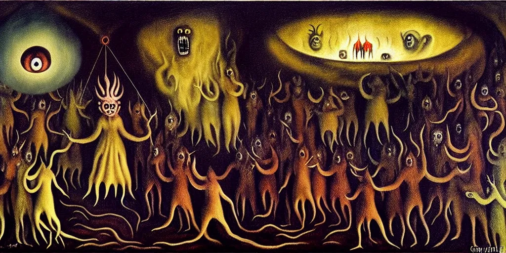 Image similar to repressed emotion creatures and monsters at the mouth of hell, dramatic lighting glow from giant fire, attempting to escape and start a revolution, in a dark surreal painting by leonora carrington