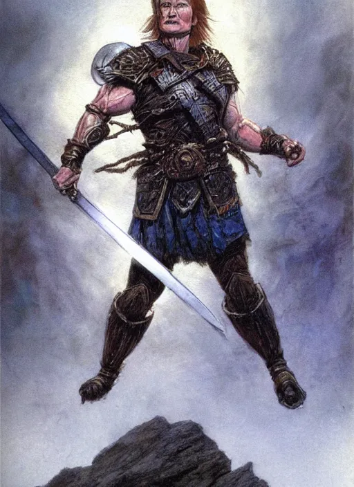 Prompt: illustration of conan o'brien as a dnd paladin with short blonde hair and big muscles, casting a protection spell, by john howe, james gurney