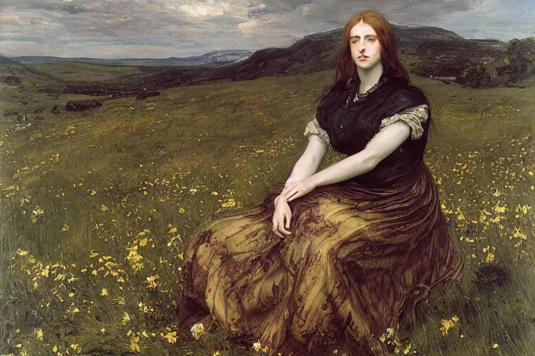 Image similar to sad portrait of a xenomorph queen in a meadow by sir john everett millais, photorealistic, hyperdetailed, ethereal, masterpiece, oil painting