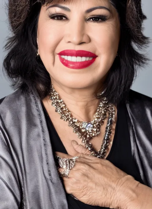 Image similar to dslr photo portrait still of 5 1 year old age 5 1 selena quintanilla at age 5 1!!!, 8 5 mm f 1. 8, studio lighting, vogue