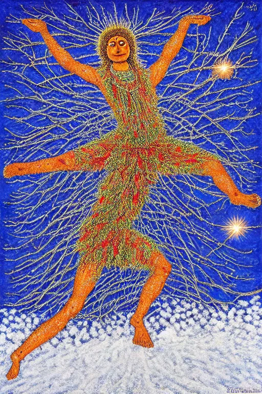 Image similar to ivan marchuk style nataraja dancing in a winter birch grove and raising snow clouds during a solar eclipse, visionary art style