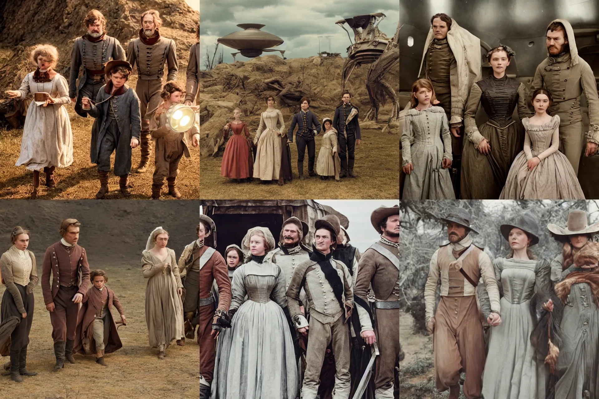 Prompt: 70mm still from a sci fi blockbuster movie, set in 1860, of a family leaving a spaceship, that has just landed on an alien planet, wearing 1850s era clothes, good lighting, 4k, HD, in focus, highly detailed faces