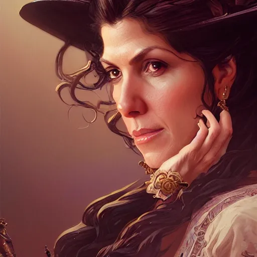 Image similar to Marisa Tomei as Madame Webb, western, D&D, fantasy, intricate, elegant, highly detailed, digital painting, artstation, concept art, matte, sharp focus, illustration, art by Artgerm and Greg Rutkowski and Alphonse Mucha