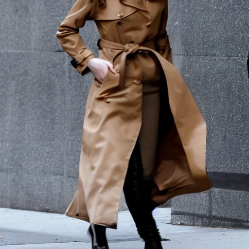Image similar to 4 k award - winning still of evan rachel wood with long dark brown hair with bangs wearing a trench coat walking in new york city
