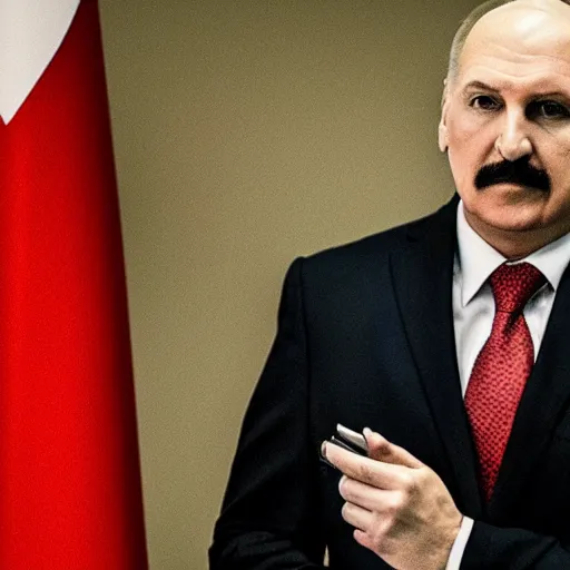 Prompt: Alexander Lukashenko as the American Psycho, staring with murderous intent, sweating hard, cinematic still