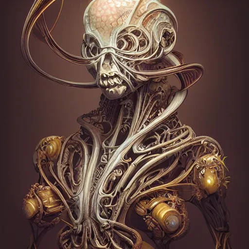 Image similar to a highly detailed photographic portrait of an alien, biomechanical sculpture, mandelbrot fractal, intricate, elegant, ornate, elegant, luxurious, beautifully lit, ray traced, octane 3D render in the style of Peter Mohrbacher and Peter Gric