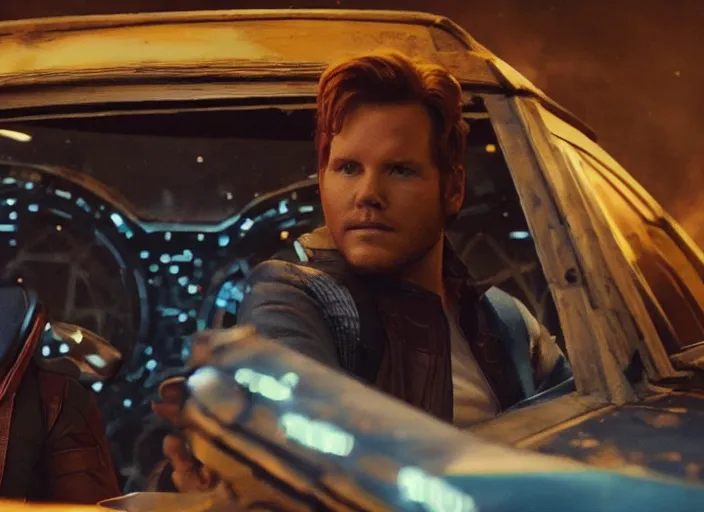 Prompt: a very high resolution image from a new movie, starlord. inside of a car. mountains, falling stars, directed by wes anderson