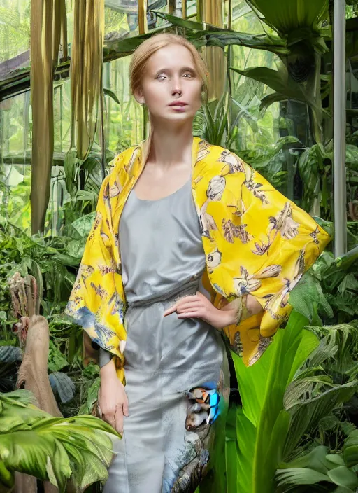 Image similar to amazing portrait photograph of an elegant top model wearing a yellow kimono with a very detailed barn owl on her shoulder!!! in a tropical greenhouse. looking at the camera!!. super resolution. Extremely detailed. art by Rineke Dijkstra.