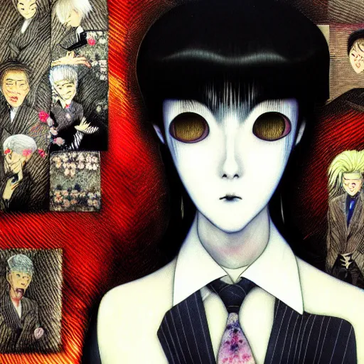 Image similar to yoshitaka amano blurred and dreamy realistic three quarter angle portrait of a woman with white hair and black eyes wearing dress suit with tie, junji ito abstract patterns in the background, satoshi kon anime, noisy film grain effect, highly detailed, renaissance oil painting, weird portrait angle, blurred lost edges