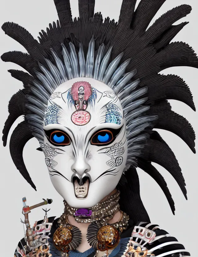 Image similar to 3 d goddess close - up profile portrait punk with mohawk with ram skull. beautiful intricately detailed japanese crow kitsune mask and clasical japanese kimono. betta fish, jellyfish phoenix, bio luminescent, plasma, ice, water, wind, creature, artwork by tooth wu and wlop and beeple and greg rutkowski