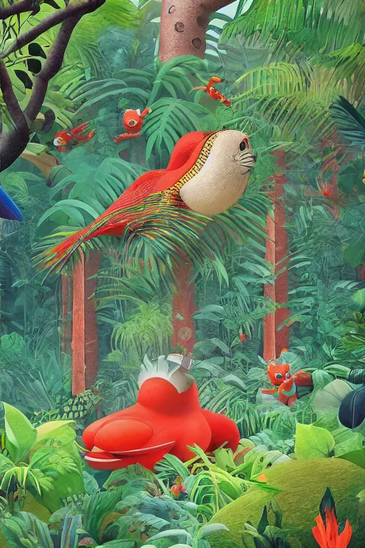 Image similar to rare bird in the jungle, hyper detailed, unreal engine render concept art, glitch, error, style of henri rousseau and richard scarry and hiroshi yoshida