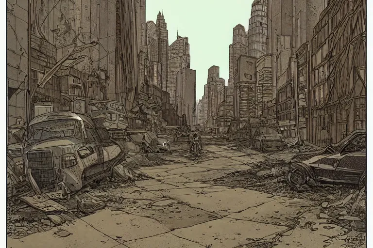 Prompt: Moebius drawing of a post apocalyptic city street