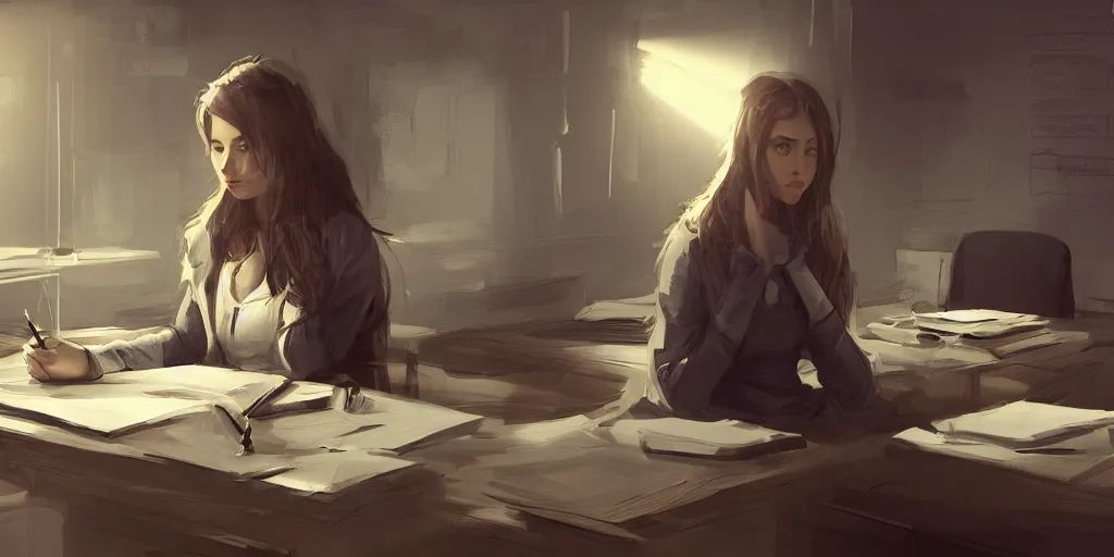 Image similar to an environmental concept art of a female student sitting at a desk, highly detailed, cinematic, dramatic lighting, close shot by francis tneh