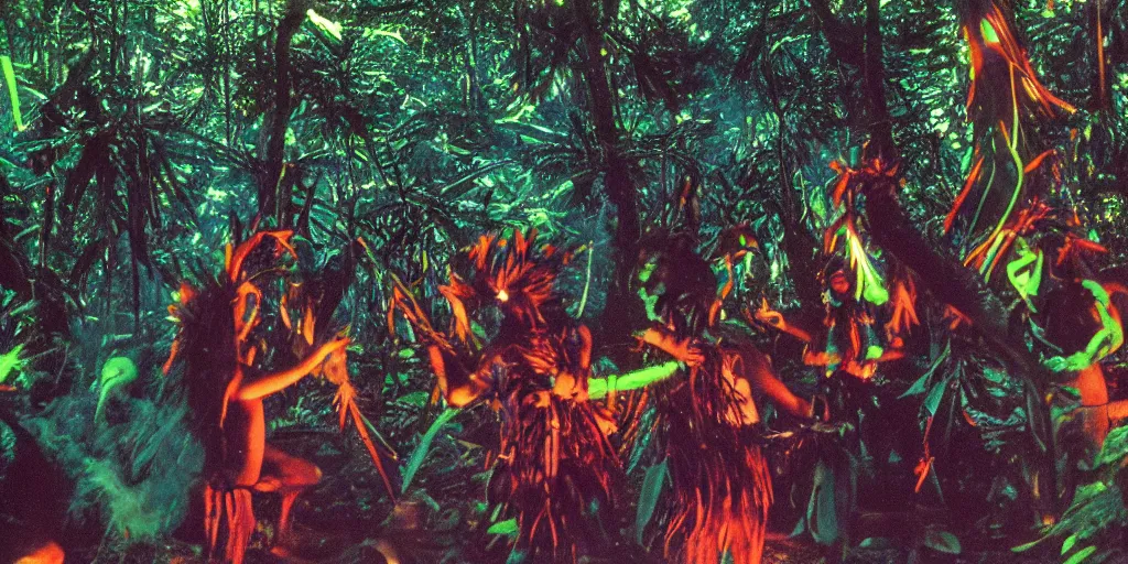 Prompt: mystical ritual on dark rainforest island, tribal shamans dance with iridescent glowing snake, brightly colored smoke in the air, highly detailed, deep color scheme, forest green, organic shapes, 1 9 7 0 s nature photography, 3 5 mm film, national geographic, pulitzer prize winning photograph