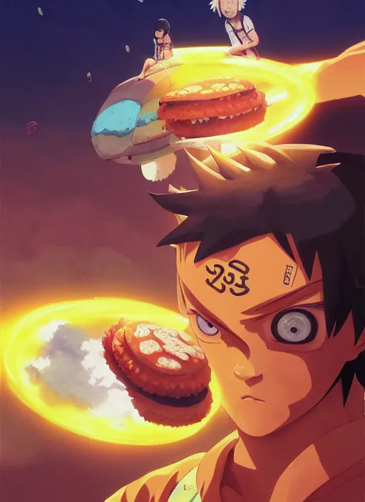 Image similar to highly detailed hamburger consuming naruto uzumaki with black hair, art by greg rutkowski, loish, rhads, ferdinand knab, makoto shinkai and lois van baarle, ilya kuvshinov, rossdraws, tom bagshaw, global illumination, radiant light, detailed and intricate environment