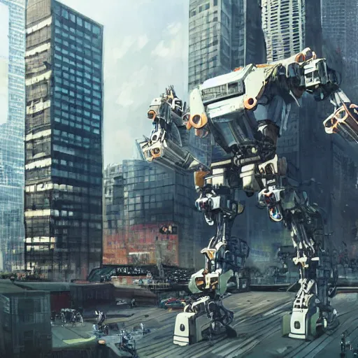 Prompt: A picture of giant robot building with mechanical parts, people loving inside, moving in a urban landscape, sci fi, detailed, hyper realistic