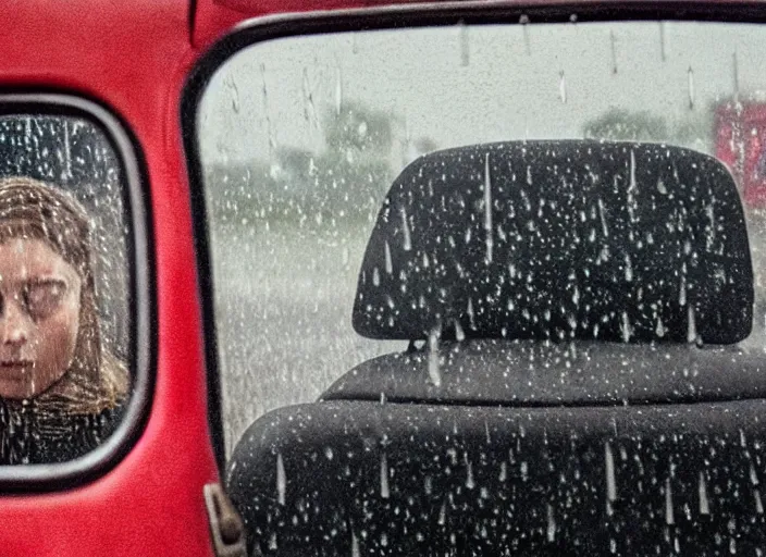 Image similar to A very high resolution image from a new movie, inside of a car, raining, hot, directed by wes anderson