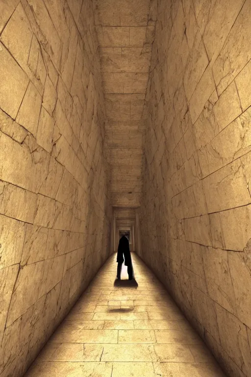 Prompt: a mummy walking down a hallway in a Pyramid, face portrait, raphael lacoste, eddie mendoza, alex ross, concept art, matte painting, highly detailed, rule of thirds, dynamic lighting, cinematic, detailed, denoised, centerd