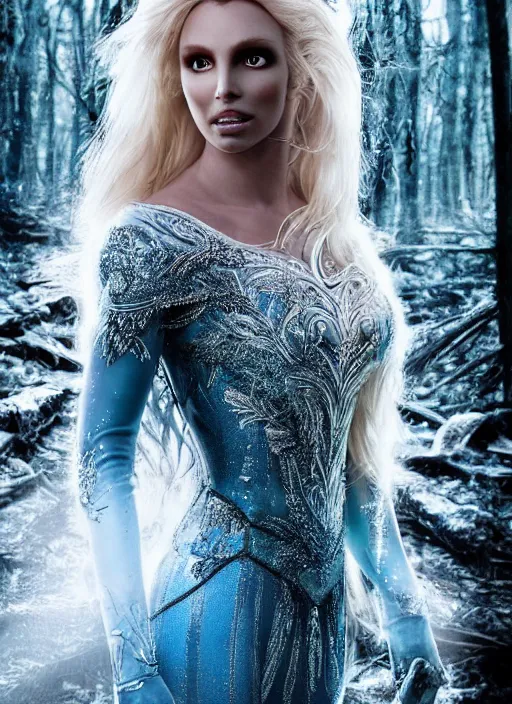 Image similar to Beautiful elsa, Looks like Britney Spears, In the woods, Dramatic, Edge, Good, Infused, Backlight, De-Noise, VFX, insanely detailed and intricate, hypermaximalist, elegant, ornate, hyper realistic, super detailed