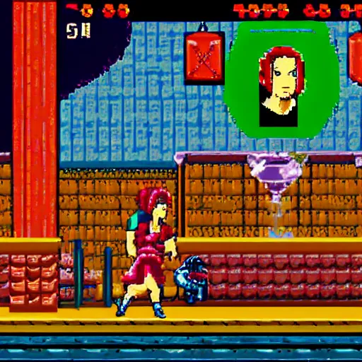 Image similar to portrait of babushka in double dragon video game splash screen