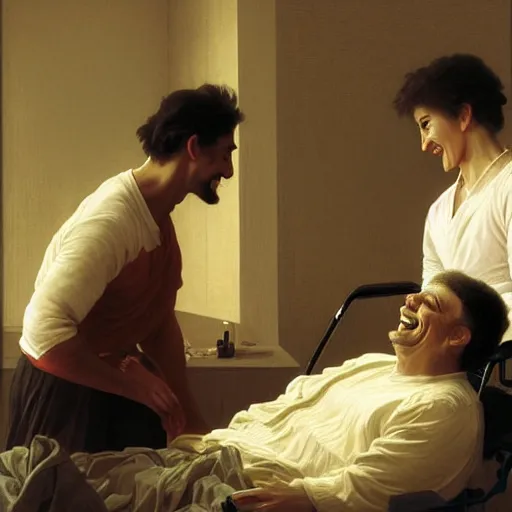 Image similar to a male patient in a wheelchair in the hospital with his wife and son standing by. happy, cheerful, smiling, intricate, face enhance, sharp focus, cinematic lighting, featured in artistation, 8 k, art by greg rutkowski, william adolphe bouguereau