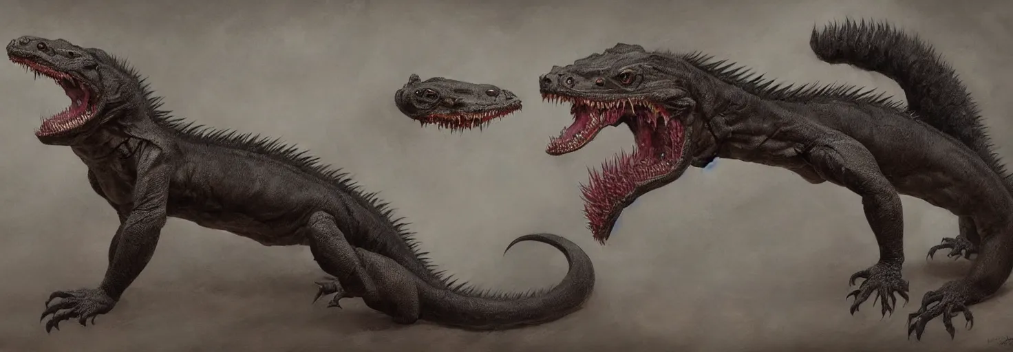 Image similar to full bodyshot!! symmetry!! a cross between a komodo dragon and a ferret, with a vipers head!! multiple rows of teeth in mouth, sleek dark fur!! dark fantasy, oil painting, in the style of frank frazetta, in the style of boris vallejo, top teir artstation, deviantart, pinterest