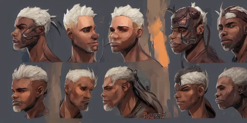 Image similar to concept art of rugged african male netrunner d & d video game characters head designs, unique hair designs, by marc brunet and artgerm