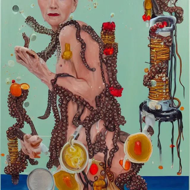 Image similar to a portrait in an elevator, a woman holding pancakes, honey dripping, berries dripping, scientific instruments, ikebana, octopus, neo - expressionism, surrealism, acrylic and spray paint and oilstick on canvas