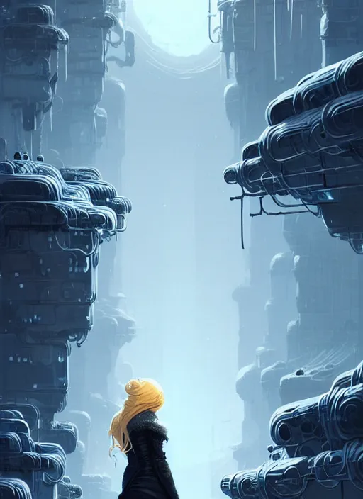 Image similar to highly detailed portrait of a hopeful frostpunk long blonde hair lady with curvy figure, stray wiring by atey ghailan, james gilleard, by joe fenton, by greg rutkowski, by greg tocchini, by kaethe butcher, 4 k resolution, gradient blue, black and white color scheme!!! ( ( glaciated robotic dystopian city background ) )