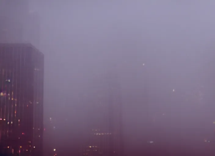 Image similar to film footage of giant michael j. fox monster in a foggy city, 8 k, 8 5 mm
