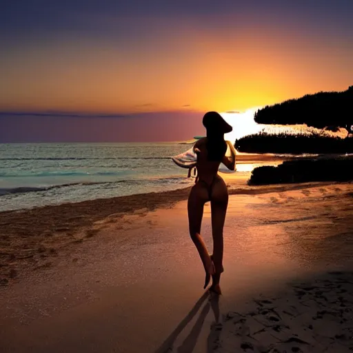 Image similar to a beautiful scenery of the sunset by the beach as a beautiful woman in a bikini,