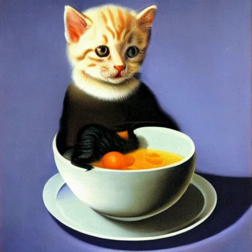 Image similar to rene magritte painting of a baby kitten inside of a bowl of soup