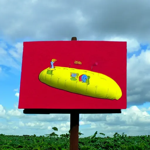 Image similar to strawberry fields forever and a yellow submarine floating in the sky ,