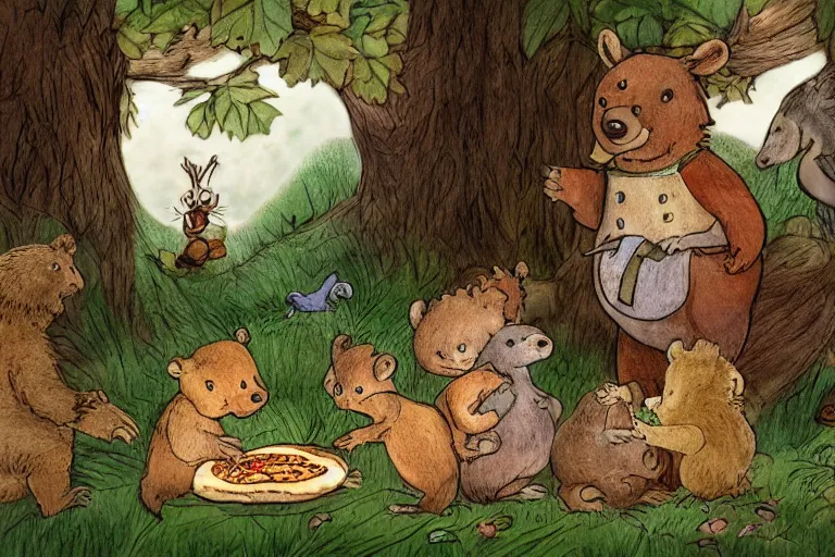 Image similar to a detailed and lively children's book illustration by beatrix potter of lots of woodland animals having a pizza party in the woods. a big pizza oven is tended by a large brown grizzly bear, and a stork flies above. digital art, trending on artstation.