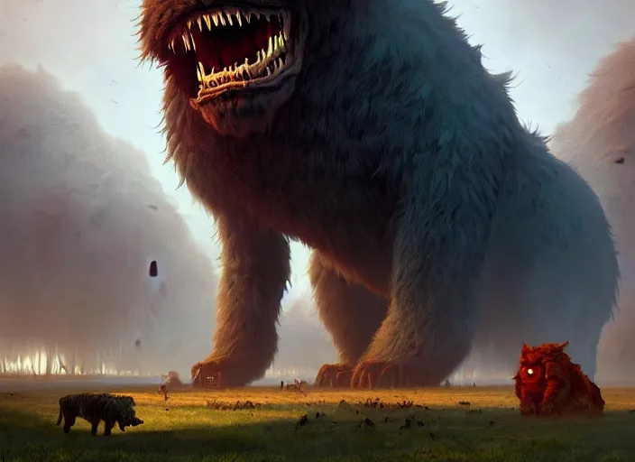 Image similar to giant monstrous aggressive furry creature lurking over a cowering smaller creature, in the foreground a small town, epic science fiction horror digital matte painting by Simon Stalenhag and Mark Brooks (and Greg Rutkowski), extremely detailed, artstation