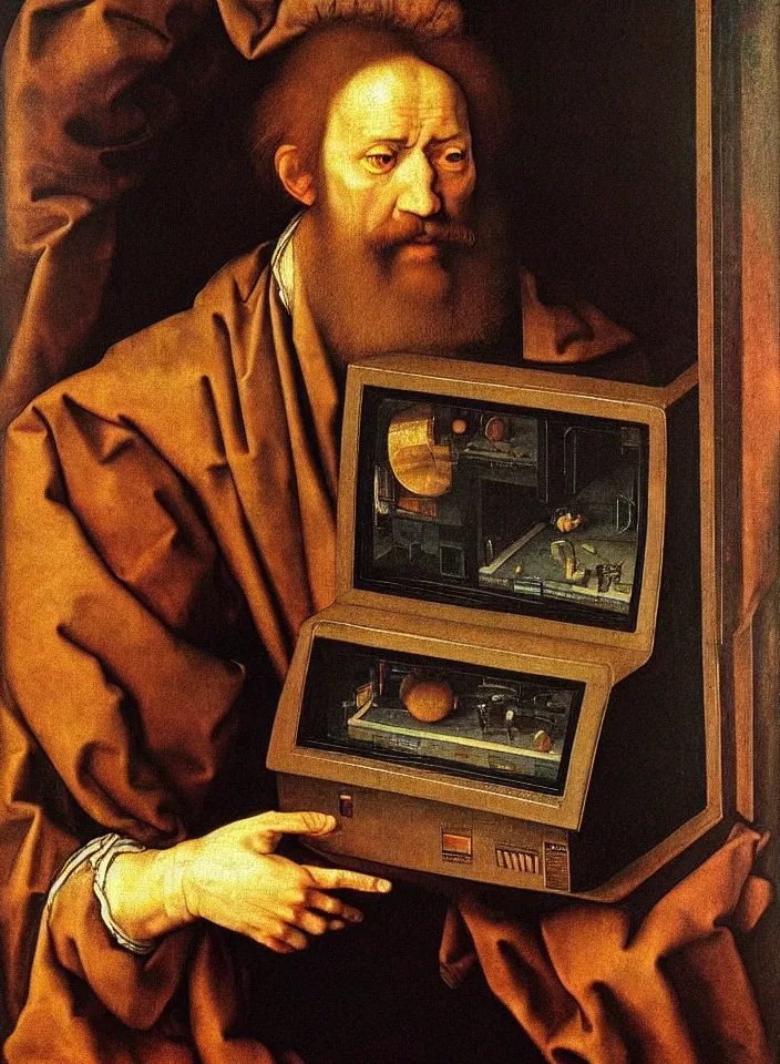 Image similar to Portrait of a man playing ATARI game on a CRT television. Painting by Albrecht Dürer. Intricate details. hyper realism. Masterpiece.