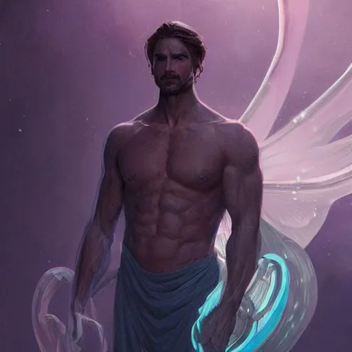 Image similar to bioluminescence portrait of a male wizard of the ice, muscle, D&D, fantasy, elegant, pale, highly dvetailed, digital painting, artstation, concept art, smooth, sharp focus, illustration, art by artgerm and greg rutkowski and alphonse mucha