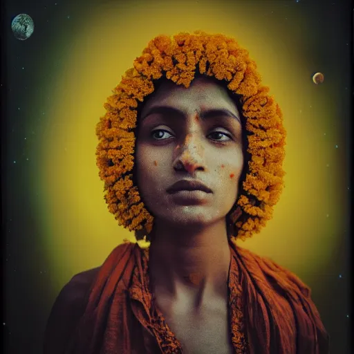 Prompt: realistic expired kodak film portrait of strange india woman cosmic mix, marigold celestial vibe, hyperrealism, hypermaxiymalism, photorealistic, detailed, atmospheric, 8 k, award winning photography, cinematic