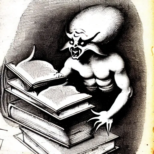 Prompt: a devilish spirits emerging from a book ontop of a computer, renaissance era sketch, satanic, ritual